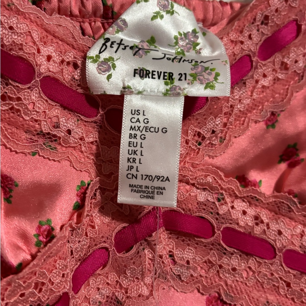 Betsey Johnson x Forever 21 Pink Floral Satin Lace Mini Len Slip Dress L - Picture 8 of 8